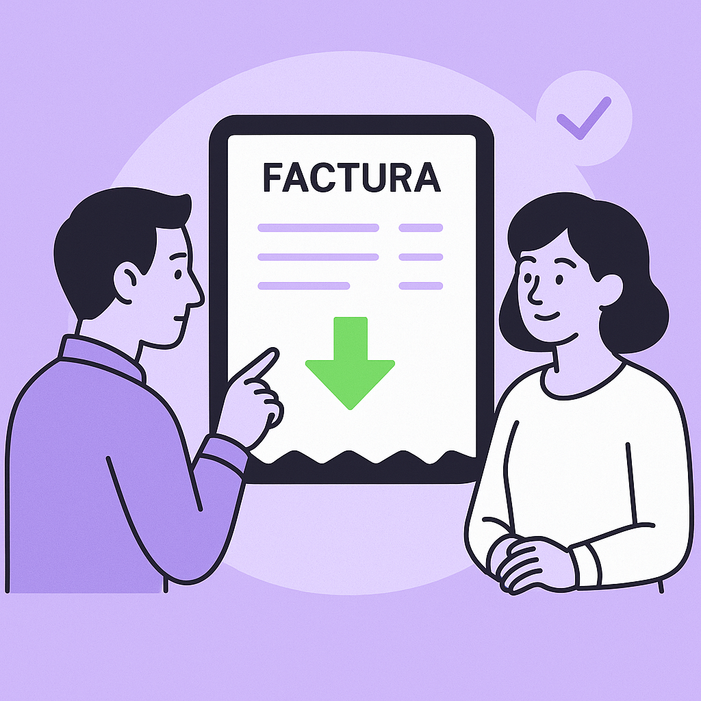 Ilustración de personas revisando factura con flecha hacia abajo